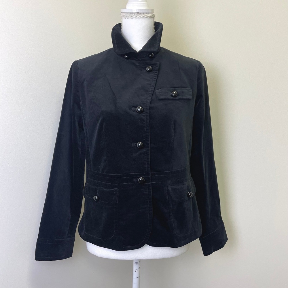 Talbots Black Velvet Peplum Blazer Jacket Petite 10P Military Style Button Front